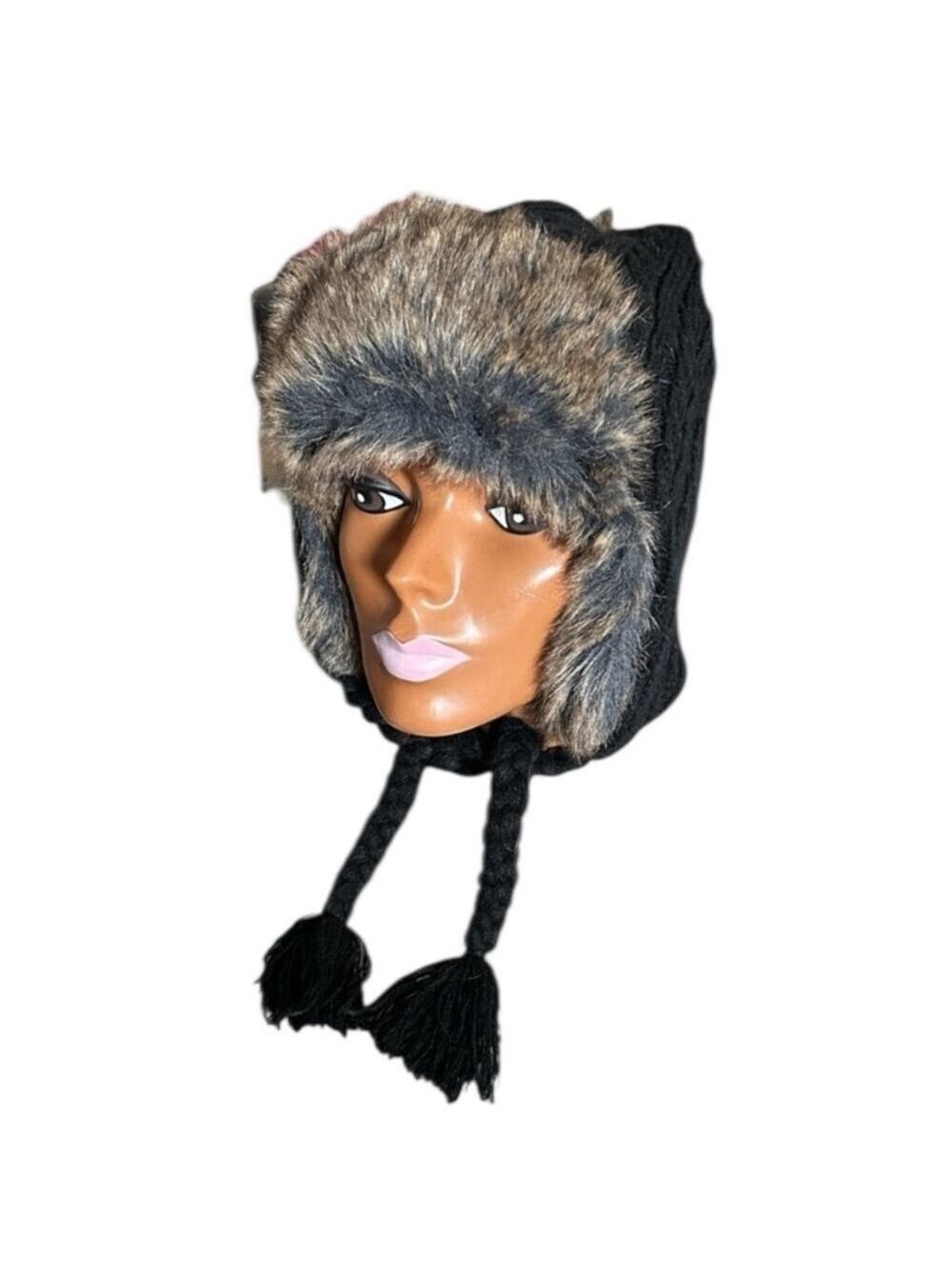 Ardene Black Cable Knit Cozy Winter Trapper Hat with Faux Fur Trim and Ear Flaps